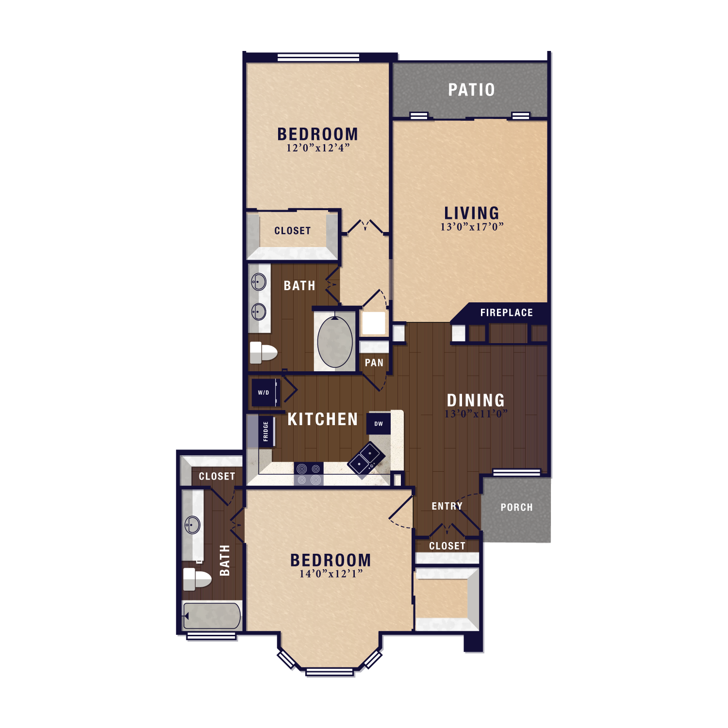 Floor plan for 2 beds, 2 baths, 1219 sqft