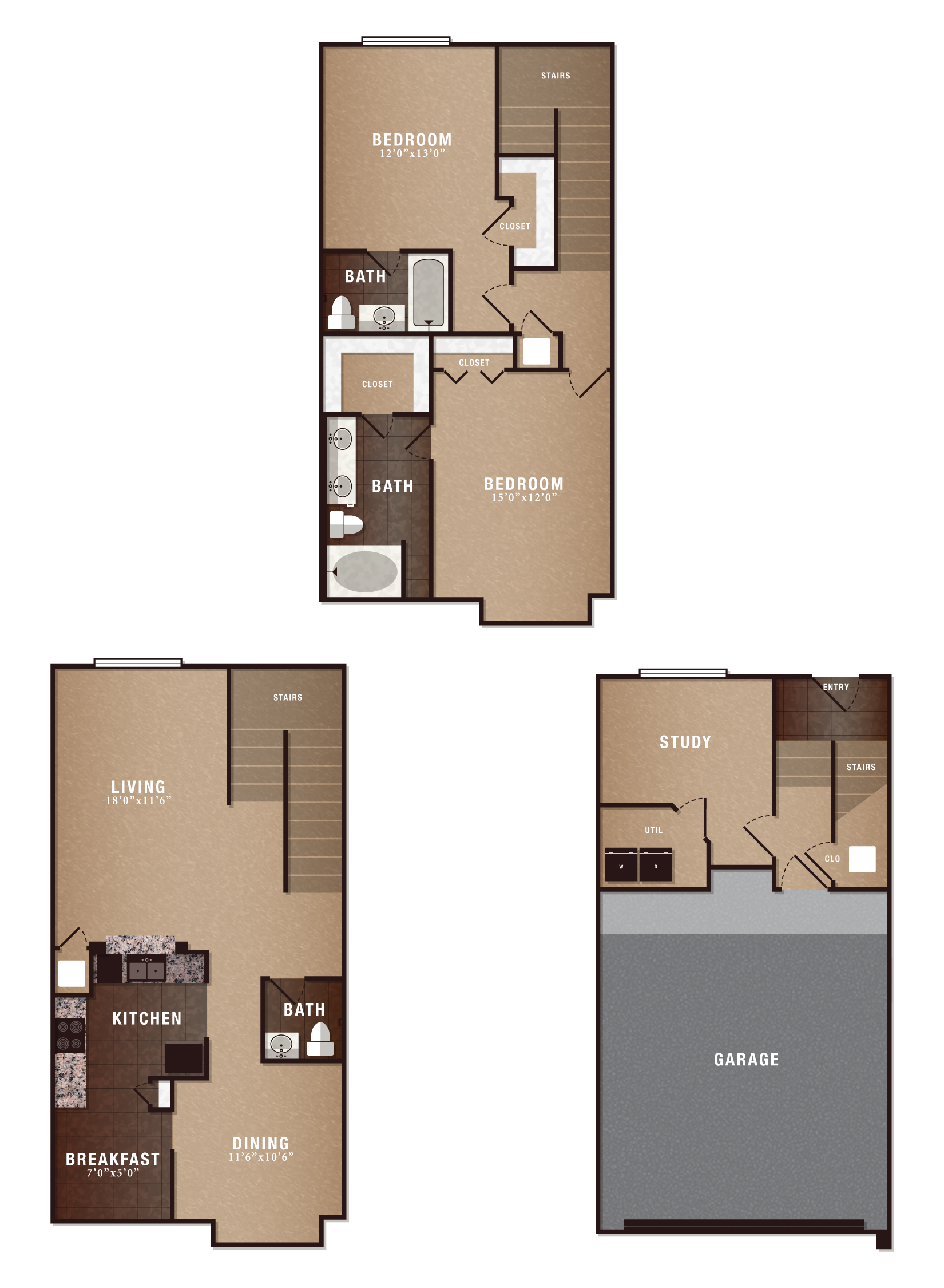 Floor plan for 2 beds, 2.5 baths, 1633 sqft