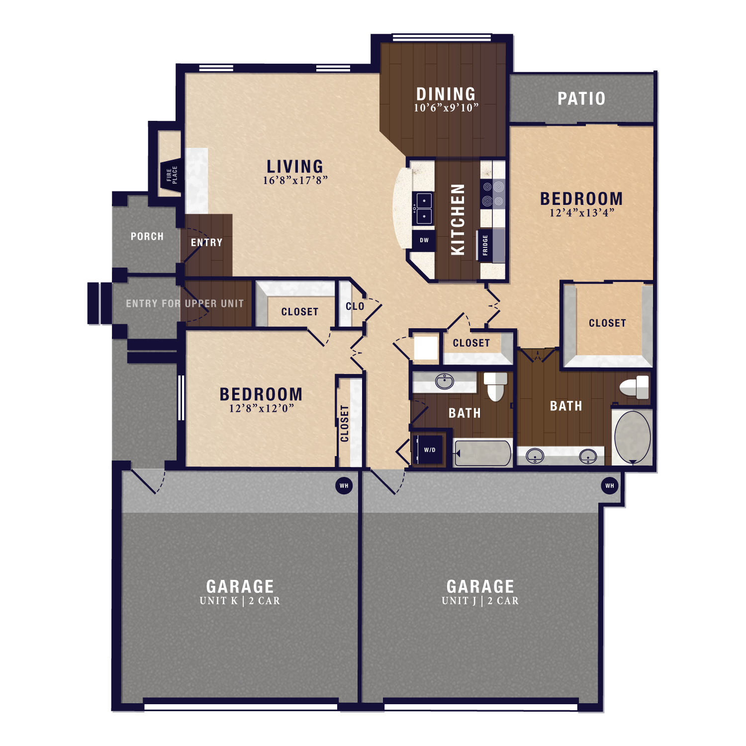 Floor plan for 2 beds, 2 baths, 1355 sqft