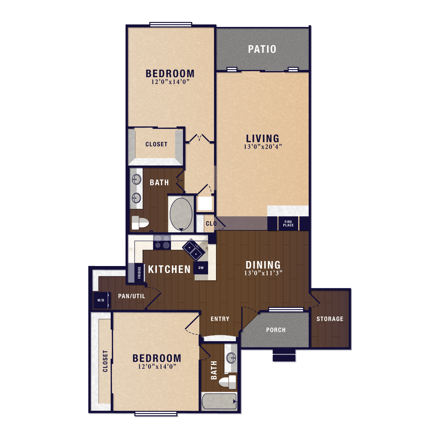 Floor plan for 2 beds, 2 baths, 1356 sqft