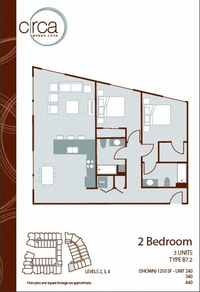 Floor plan for 2 beds, 2 baths, 1250 sqft