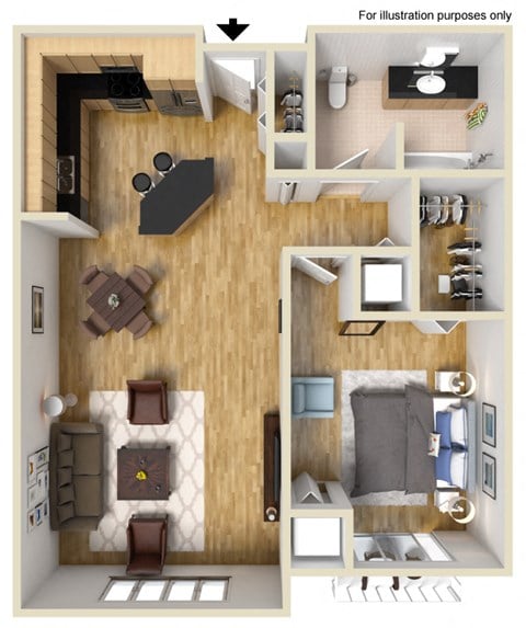 Floor plan for 1 bed, 1 bath, 755 sqft
