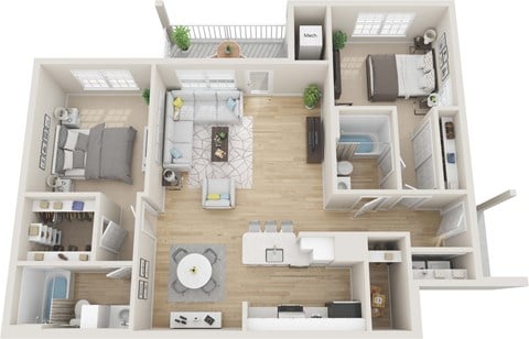 Floor plan for 2 beds, 2 baths, 1131 sqft