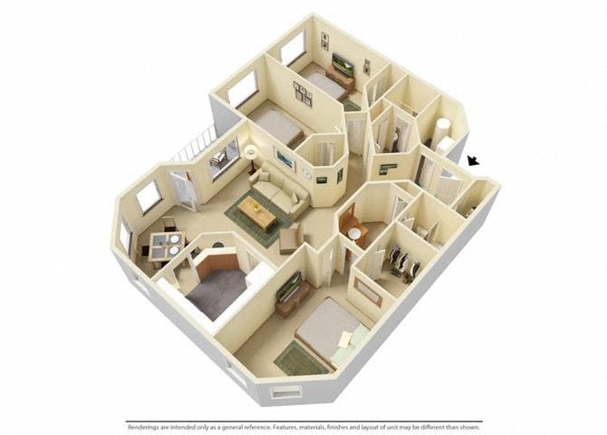 Floor plan for 3 beds, 2 baths, 1386 sqft