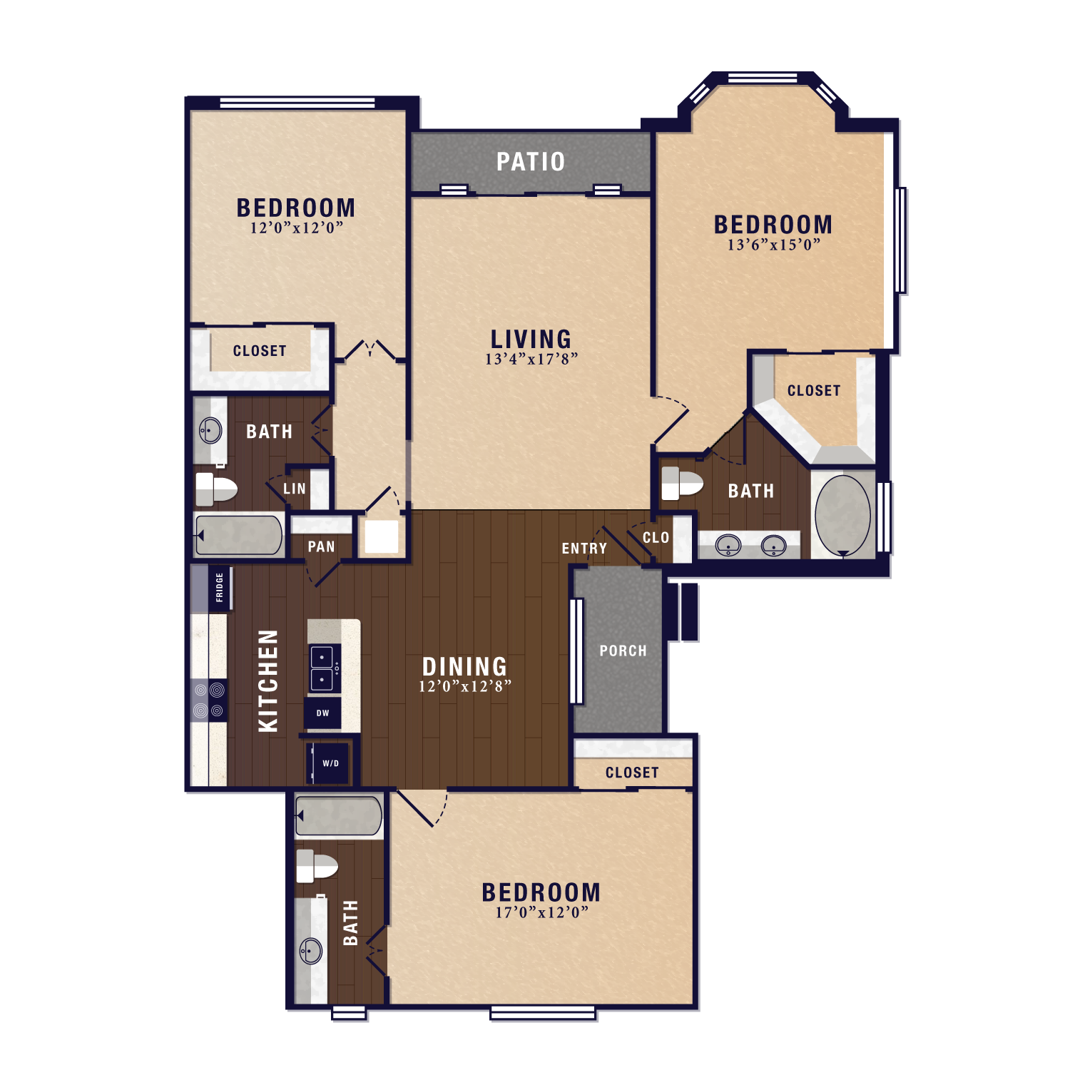 Floor plan for 3 beds, 3 baths, 1560 sqft