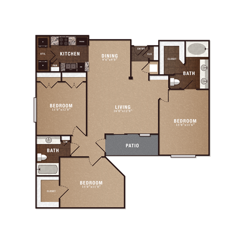 Floor plan for 3 beds, 2 baths, 1293 sqft