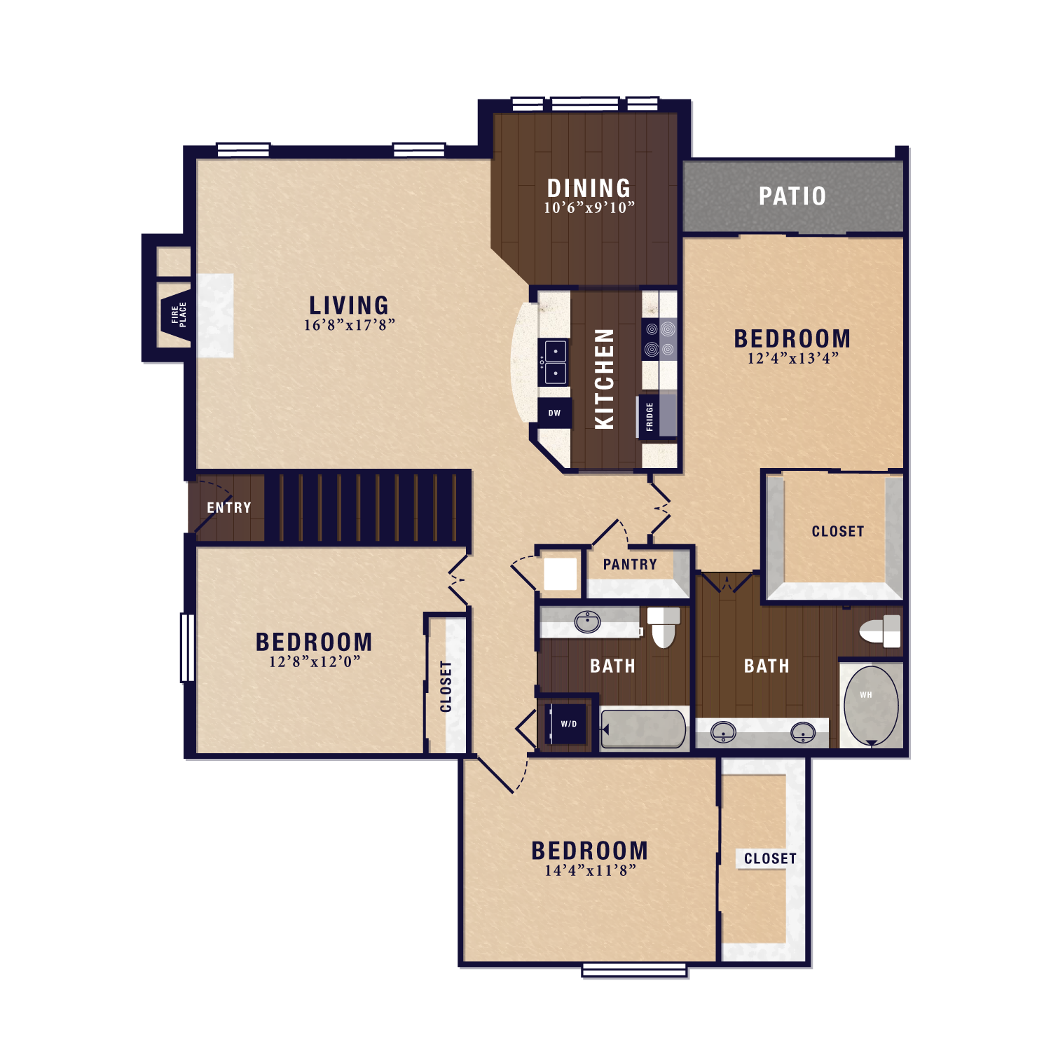Floor plan for 3 beds, 2 baths, 1560 sqft