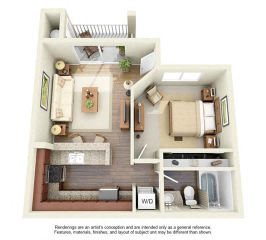 Floor plan for 1 bed, 1 bath, 563 sqft