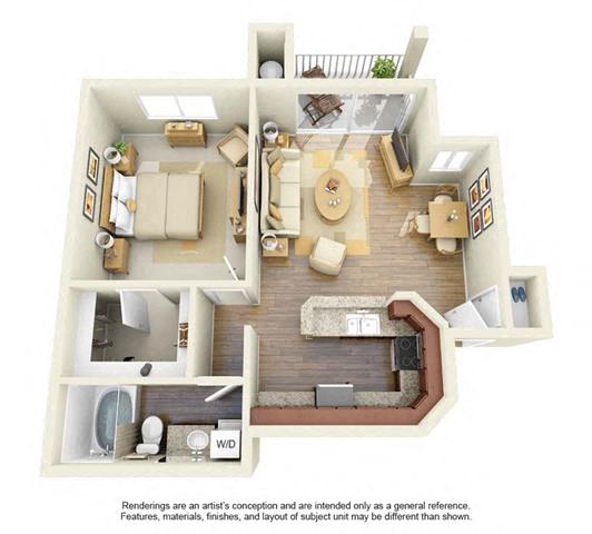 Floor plan for 1 bed, 1 bath, 750 sqft