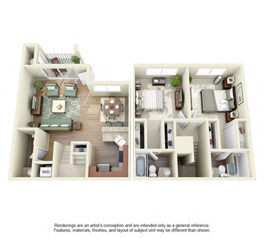 Floor plan for 2 beds, 2.5 baths, 1100 sqft