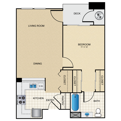 Floor plan for 1 bed, 1 bath, 665 sqft