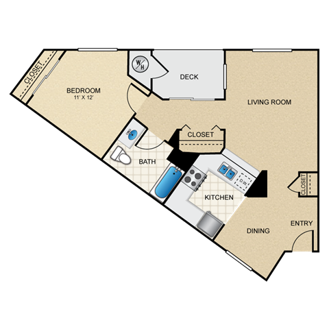 Floor plan for 1 bed, 1 bath, 739 sqft