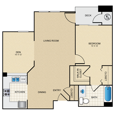 Floor plan for 1 bed, 1 bath, 888 sqft