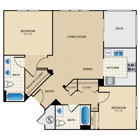 Floor plan for 2 beds, 2 baths, 1022 sqft