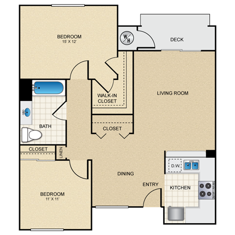 Floor plan for 2 beds, 1 bath, 897 sqft