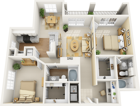 Floor plan for 2 beds, 2 baths, 1095 sqft