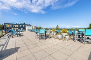 Seattle apartment for rent - Green Lake, Seattle, WA, Apartments - Circa Greenlake - Outdoor Sundeck Terrace with Concrete Tile Flooring, Lounge Chairs, Tall Tables with Seating, Large Planters with Greenery, Grilling Area, Surrounding Railing with Glass Panels, and Forest/City Views.