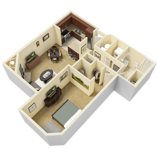 Floor plan for 1 bed, 1 bath, 872 sqft
