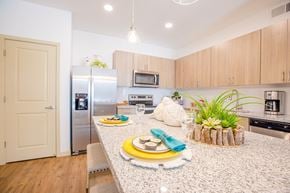 Gilbert apartment for rent - Pet-Friendly Apartments In Gilbert, AZ - Kitchen With Granite Countertops, Stainless Steel Appliances, Dishwasher, Tile Backsplashes, And Plank Flooring.