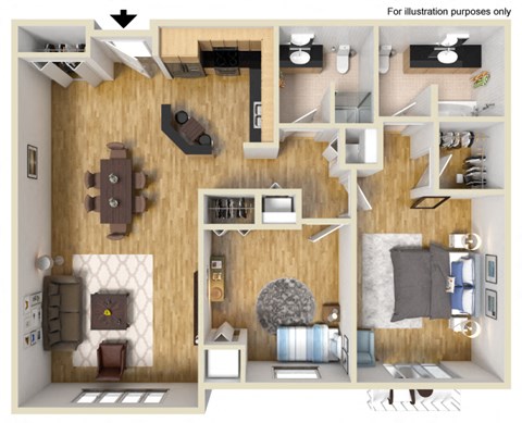 Floor plan for 2 beds, 2 baths, 1115 sqft