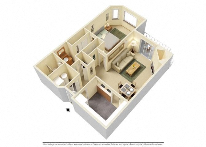 Floor plan for 1 bed, 1 bath, 822 sqft
