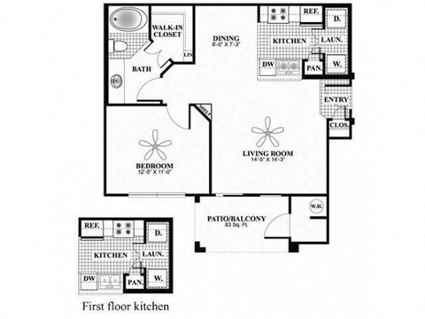 Floor plan for 1 bed, 1 bath, 715 sqft