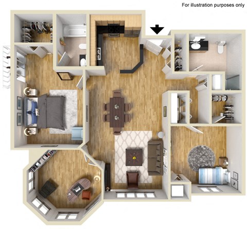 Floor plan for 2 beds, 2 baths, 1265 sqft