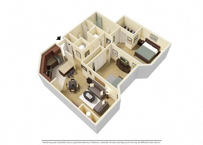 Floor plan for 2 beds, 2 baths, 1151 sqft