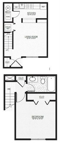 Floor plan for 1 bed, 1 bath, 621 sqft