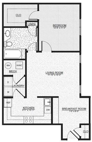 Floor plan for 1 bed, 1 bath, 753 sqft