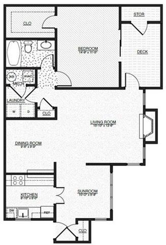 Floor plan for 1 bed, 1 bath, 851 sqft