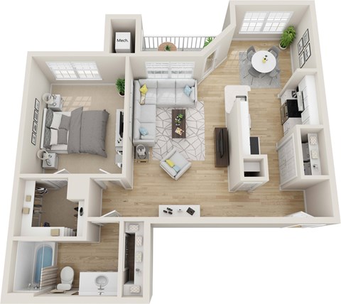 Floor plan for 1 bed, 1 bath, 851 sqft