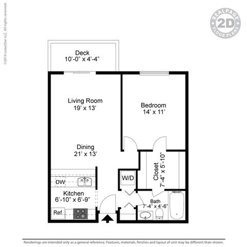 Floor plan for 1 bed, 1 bath, 690 sqft