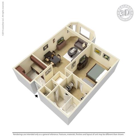 Floor plan for 1 bed, 1 bath, 760 sqft