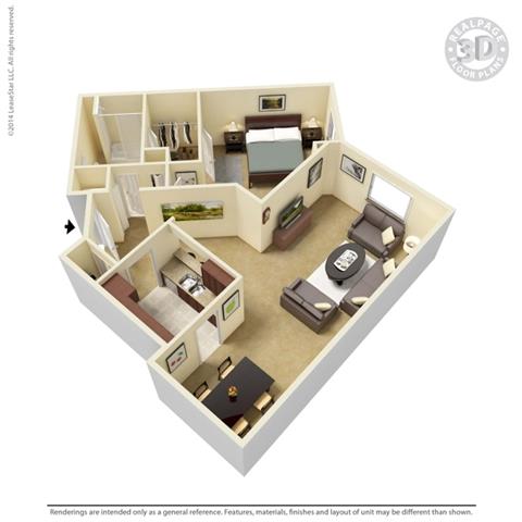Floor plan for 1 bed, 1 bath, 818 sqft