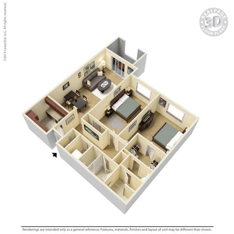 Floor plan for 2 beds, 2 baths, 911 sqft