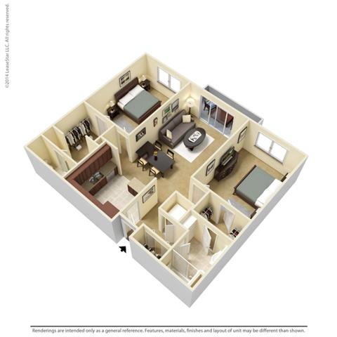 Floor plan for 2 beds, 2 baths, 933 sqft