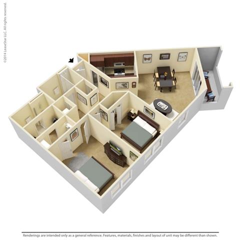 Floor plan for 2 beds, 2 baths, 954 sqft