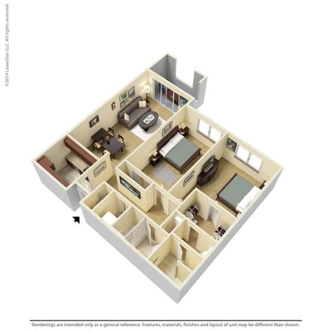 Floor plan for 2 beds, 2 baths, 1062 sqft