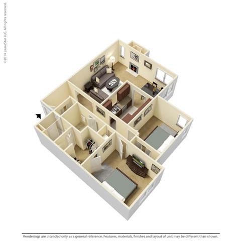 Floor plan for 2 beds, 2 baths, 1050 sqft