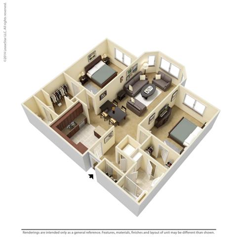 Floor plan for 2 beds, 2 baths, 1086 sqft
