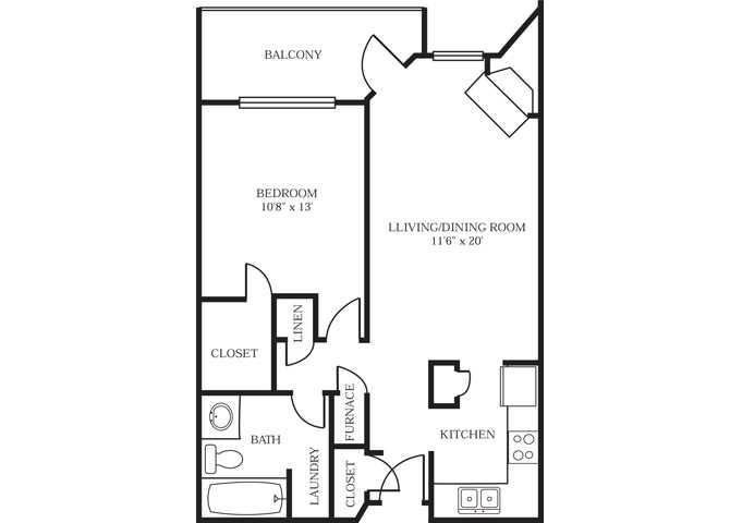 Floor plan for 1 bed, 1 bath, 688 sqft