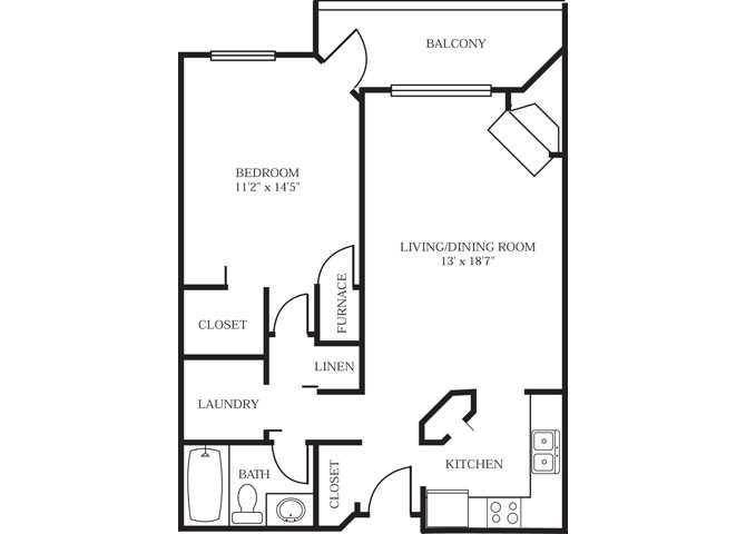 Floor plan for 1 bed, 1 bath, 744 sqft
