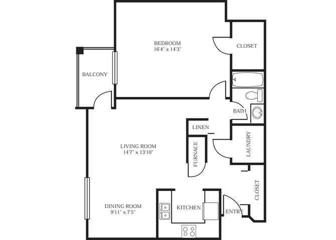 Floor plan for 1 bed, 1 bath, 933 sqft