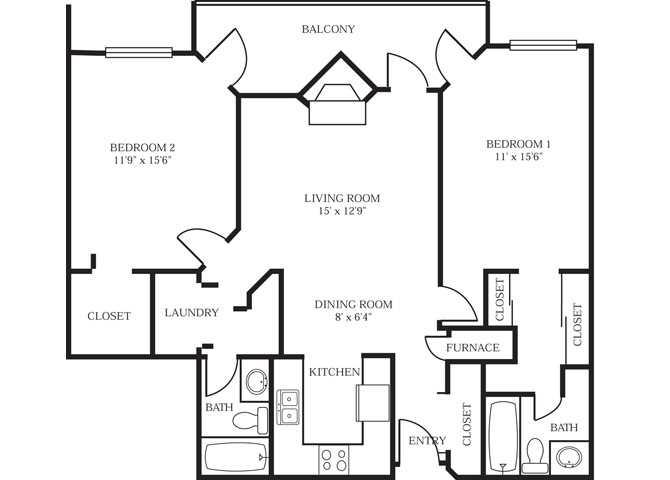 Floor plan for 2 beds, 2 baths, 1081 sqft