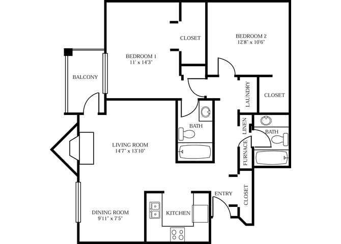 Floor plan for 2 beds, 2 baths, 1094 sqft