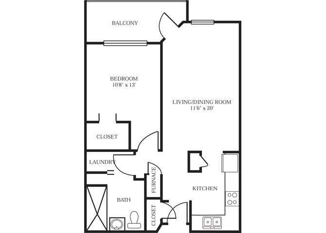 Floor plan for 1 bed, 1 bath, 688 sqft