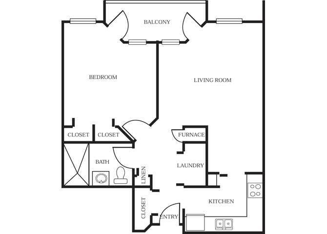 Floor plan for 1 bed, 1 bath, 832 sqft