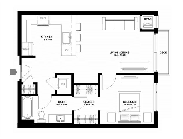 Floor plan for 1 bed, 1 bath, 704 sqft