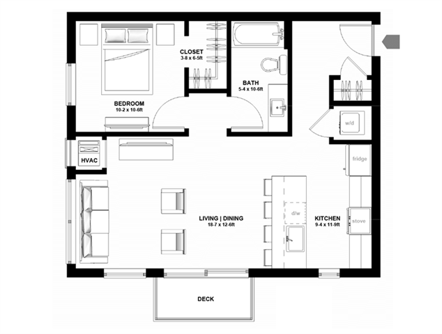 Floor plan for 1 bed, 1 bath, 727 sqft